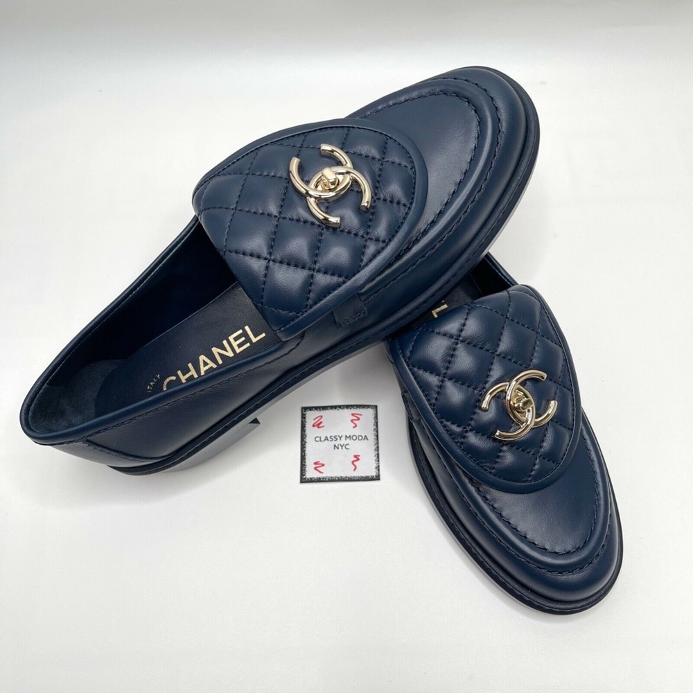❌❌ SOLD Chanel NIB 2021 Navy Blue Gold CC Logo Quilted Flap Flats Loafers - Picture 5 of 14